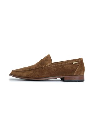 Brown suede men's loafer with a low heel, rounded toe, and leather sole, showing side view on a white background.