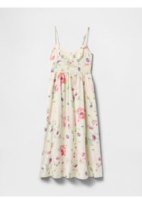 Robe sans manches couleur crème avec fines bretelles et motif floral rose, violet et vert, taille froncée et jupe fluide.
