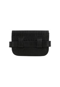 Melnas mākslīgā krokodila ādas clutch soma ar strukturētu formu, kas aprīkota ar klapējošu aizdari un divām akcenta siksnām priekšpusē.