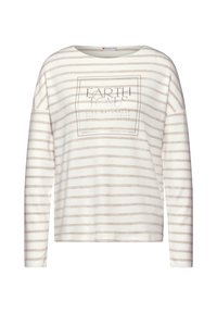 Langarmoberteil in Creme mit beigen horizontalen Streifen, das ein bedrucktes Design zeigt, das in der Mitte "ERDTÖNE LEBE NATÜRLICH" lautet.