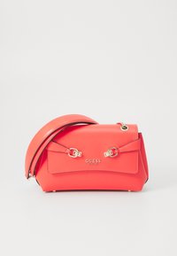 Red synthetic handbag with gold-tone hardware, dual straps, and adjustable shoulder strap. Features a flat front pocket and embossed logo.