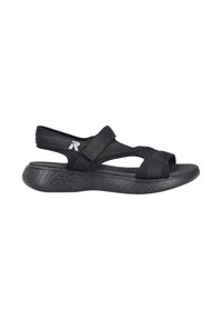 Black sandals featuring a textured sole, adjustable straps, and an open toe design. Made with a synthetic material for comfort.