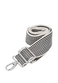 Woven strap in black and cream with diagonal stripes, featuring a silver hardware buckle and clip for attachment.