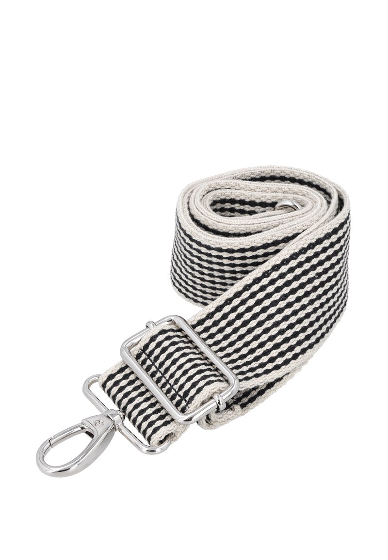 Woven strap in black and cream with diagonal stripes, featuring a silver hardware buckle and clip for attachment.