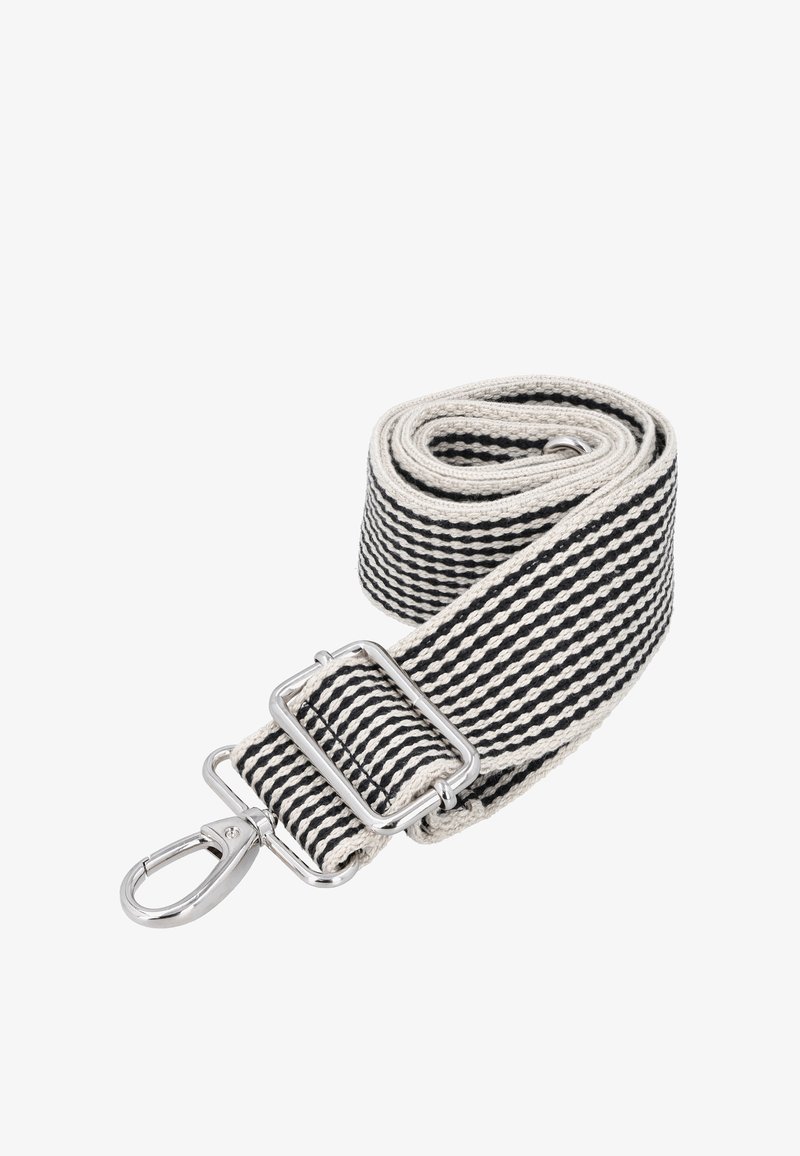 Woven strap in black and cream with diagonal stripes, featuring a silver hardware buckle and clip for attachment.