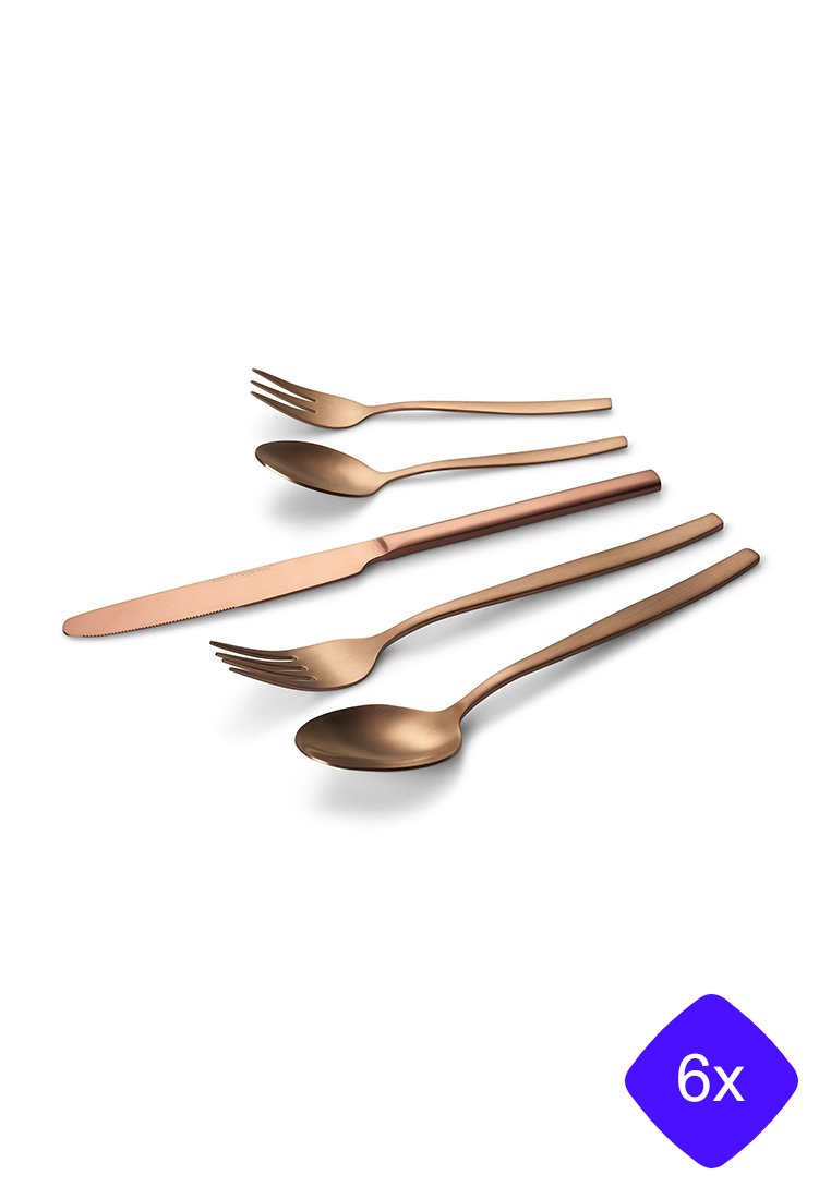 Set aus sechs bronzefarbenen Edelstahlutensilien, einschließlich eines Messers, einer Gabel und eines Esslöffels, mit eleganten, glatten Designs und matter Oberfläche.