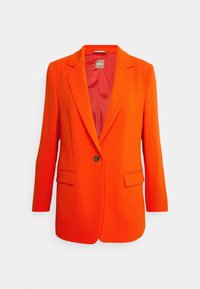Jasně oranžový blazer s jedním knoflíkem, klopovými límci, dvěma předními kapsami a hladkým textura. Podšívka viditelná.