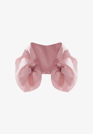 Hellrosa Stoff-Scrunchie mit großen, aufgeplusterten elastischen Abschnitten, die das Haar sicher halten sollen.