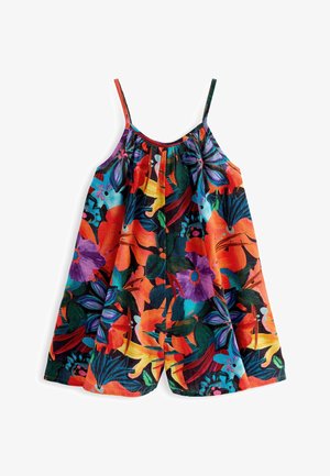 Bloemengekleurde jurk met verstelbare banden, met een levendig patroon van oranje, paars en groen op een lichte stof, geplooid ontwerp.