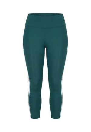 Leggings deportivos de cintura alta en color azul petróleo oscuro con rayas verticales blancas en los lados exteriores y ajuste hasta el tobillo.