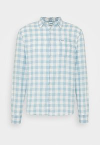 Ljusblå och vit rutmönstrad skjorta i mjukt tyg, med knäppning framtill, spetsig krage och en liten ficka på vänster sida.