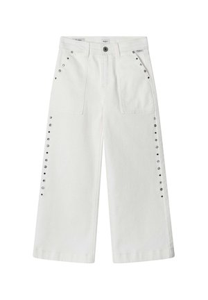 White wide-leg pants with two front pockets, silver snap button accents along the side, and a textured fabric finish.