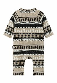 Kombinezon z długim rękawem w kolorach beżowym, czarnym i białym z różnymi wzorami; zawiera urocze sylwetki zwierząt, nuty muzyczne i dekoracyjne linie.