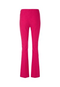 Fitted pink flared trousers with textured fabric, mid-rise waist, and clean lines. Features a discreet zipper and no visible pockets.