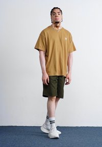 Tricou din bumbac maron cu mâneci scurte și un logo mic, asortat cu pantaloni scurți verzi. Tenisi albi și șosete scurte în dungi completează ținuta.