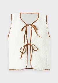 Witte fleece vest met een ronde halslijn, bruine striksluiting en afwerking. Geen mouwen, textuurmateriaal en een ontspannen pasvorm ontwerp.