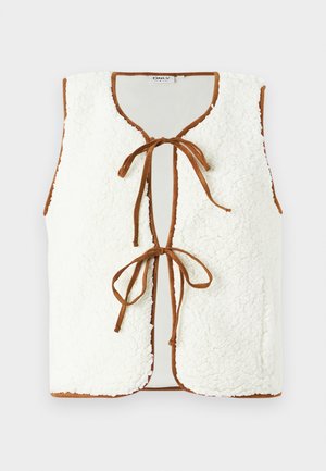 White fleece vest with a rounded neckline, brown tie closure, and trim. No sleeves, textured material, and a relaxed fit design.