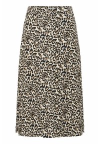 Leopardenmuster-Rock mit geradem Schnitt, auf einem kontrastierenden beigen Hintergrund, mit schwarzen und braunen Punkten sowie einem vorderen Knopfverschluss.