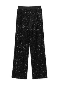 Schwarze, weit geschnittene Hosen mit Pailletten, ausgestattet mit einem elastischen Bund. Der Stoff hat eine glänzende Textur, die das Licht reflektiert.