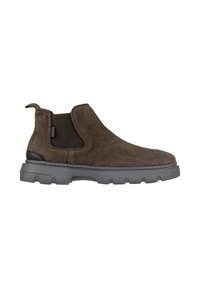 Stivale ankle in suede marrone con pannelli elastici laterali, un tab per il pull e una robusta suola in gomma dotata di un motivo di battistrada testurizzato.