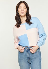 Felpa leggera con un design a blocchi di colore nei toni del rosa pastello e del blu, con scollatura a girocollo e vestibilità rilassata. Abbinata a jeans a vita alta.