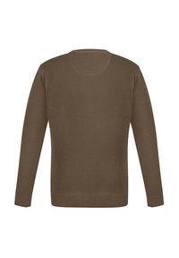 Brązowy sweter dzianinowy z teksturowanym wzorem, długimi rękawami i okrągłym dekoltem, z prążkowanymi akcentami przy mankietach i u dołu.