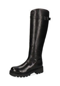 Botas largas de cuero negro con un acabado suave, punta redondeada y suela chunky texturizada. Presentan una correa lateral con un acento de hebilla de metal.