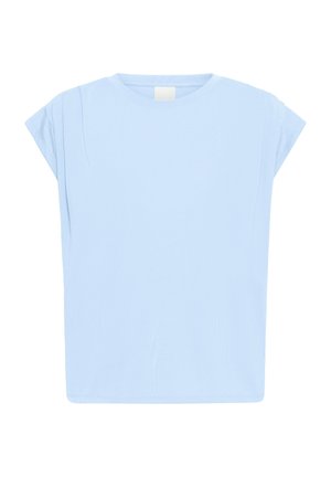 T-shirt bleu clair à manches courtes avec col rond, coupe ample et épaules légèrement tombantes, sur fond blanc.