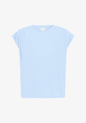 T-shirt bleu clair à manches courtes avec col rond, coupe ample et épaules légèrement tombantes, sur fond blanc.
