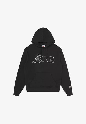 Black hoodie with a dotted white outline of a running dog on the chest and a small ice cream patch on the left sleeve cuff.