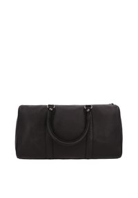 Zwarte leren weekendtas met twee bovenhandgrepen, gladde textuur, afgeronde vorm en zilverkleurige metalen details. Ritssluiting aan de bovenkant.