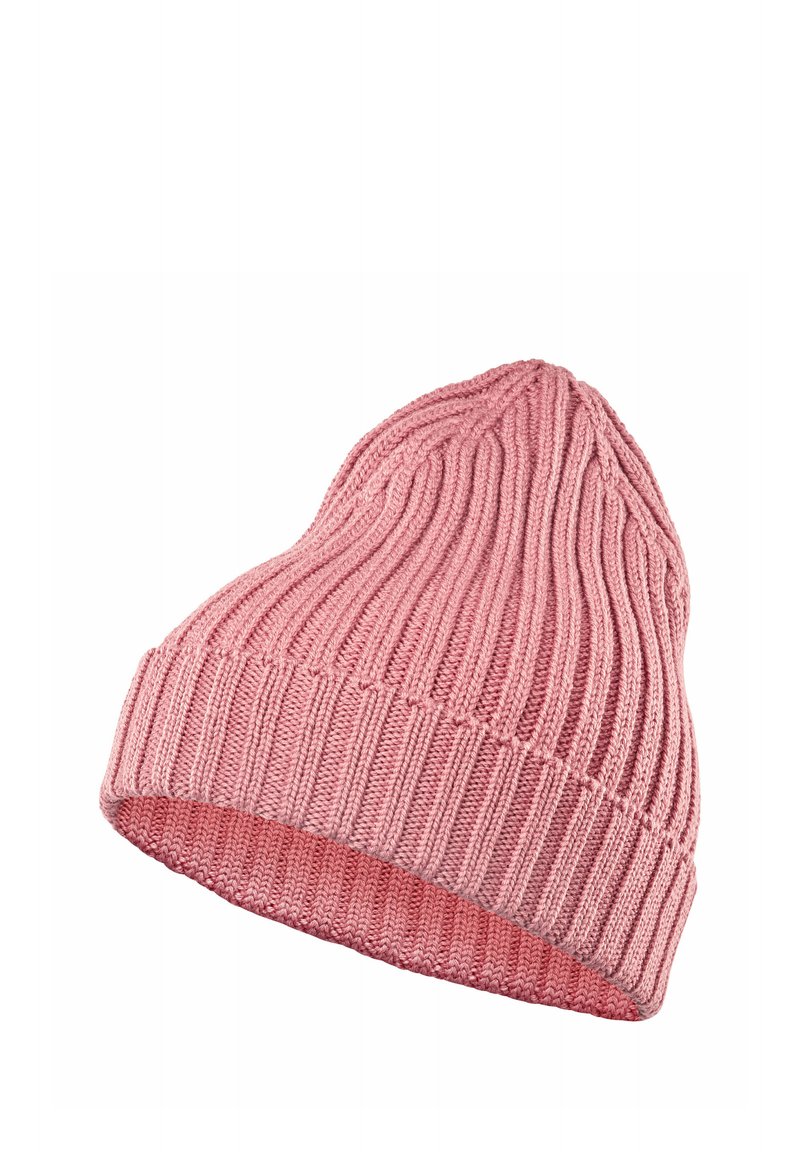 Berretto di maglia rosa con texture a coste e orlo piegato. Presenta una parte superiore arrotondata e un design leggero, adatto per il clima fresco.