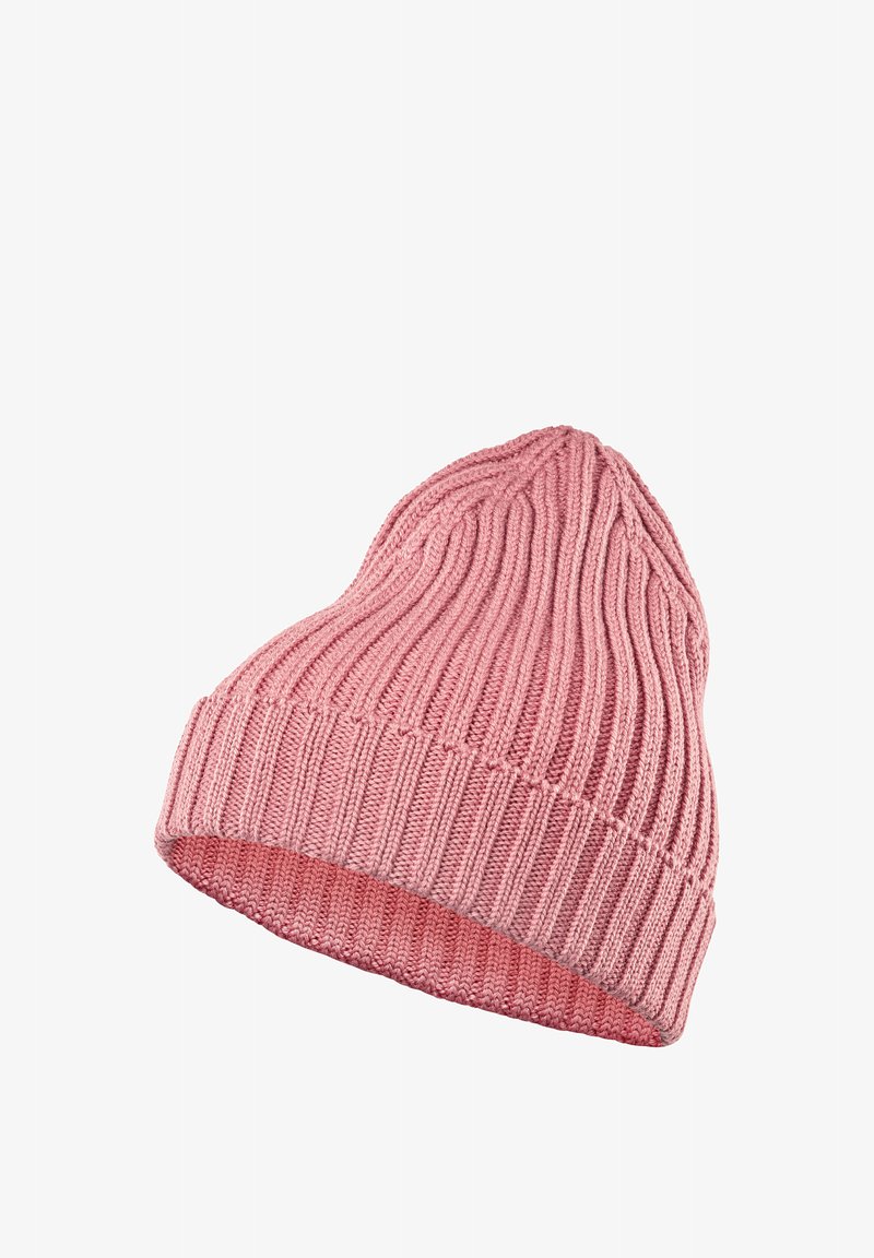 Berretto di maglia rosa con texture a coste e orlo piegato. Presenta una parte superiore arrotondata e un design leggero, adatto per il clima fresco.