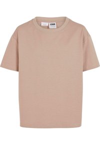 Bēšas krāsas īsroku kokvilnas T-krekls ar apaļu kakla izgriezumu un redzamu iekšējo etiķeti ar zīmola un izmēra informāciju.