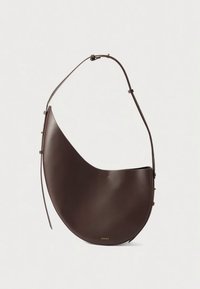 Brown leather shoulder bag with a crescent shape, adjustable strap, and gold hardware accents. Smooth texture, minimalistic design.