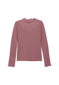 Långärmad topp i mjuk rosa ribbad tyg, med en scallop-lace krage och delikata volanger på ärmarna och nederkanten.