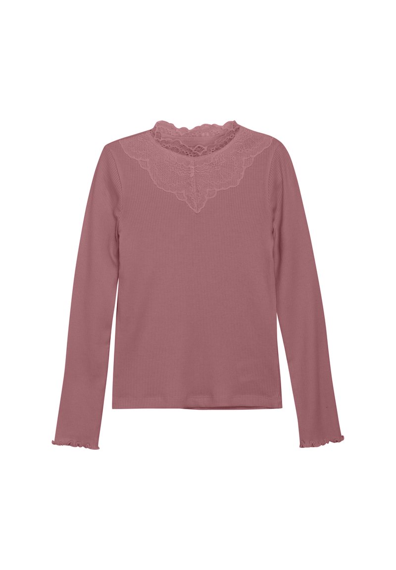 Långärmad topp i mjuk rosa ribbad tyg, med en scallop-lace krage och delikata volanger på ärmarna och nederkanten.