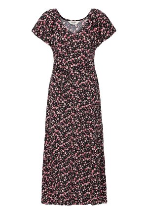 Zwarte midi-jurk met korte mouwen, V-hals en een all-over klein roze en wit bloemenpatroon.