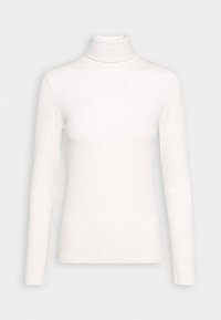 Vit polotröja med lång ärm, tillverkad av ett slätt och elastiskt tyg. Har en hög krage och en åtsittande design med ribbad textur.