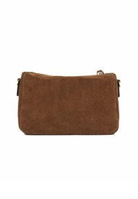 Sac à main en suede brun avec une forme rectangulaire, fermeture éclair et accents en métal doré. Texture lisse, sans motifs visibles.