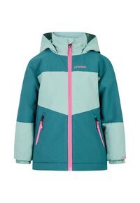 Jaket u tirkiznoj i mint zelenoj boji s kapuljačom, ružičastim prednjim patentnim zatvaračem i dva bočna džepa. Sadrži chevron uzorak na prsima i elastične manžete.