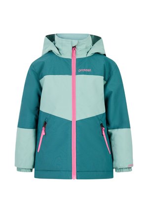Türkisfarbene und mintgrüne Jacke mit Kapuze, rosa Vorderreißverschluss und zwei seitlichen Taschen. Mit Chevron-Design auf der Brust und elastischen Bündchen.