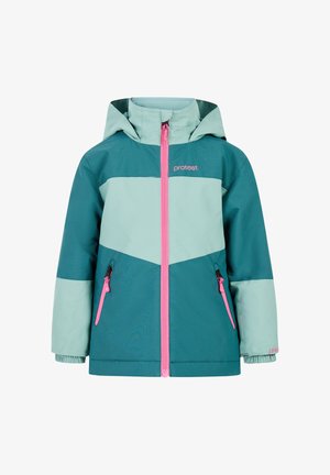 Teal en mintgroene jas met capuchon, roze rits aan de voorkant en twee zijzakken. Heeft een chevrondesign op de borst en elastische manchet.