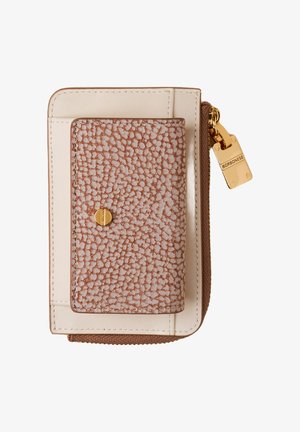 Textured brown zip wallet with a smooth beige flap, featuring a gold hardware accent and a small logo tag. Compact design with a secure closure.
