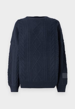 Dunkelblauer gestrickter Pullover mit strukturiertem Zopfmuster und Rundhalsausschnitt. Mit gerippten Bündchen und Saum, aus einem weichen, dickem Material.
