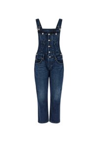 Denim-Overalls, dunkelblau, verstellbare Träger, Vorderknopfverschluss, große Taschen, entspannter Schnitt, mittelschwere Stoffqualität, klassisches Design.