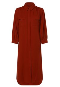 Vestido largo de color óxido con cuello tipo camisa, cierre delantero con botones, dos bolsillos en el pecho y mangas abullonadas de tres cuartos con puños.