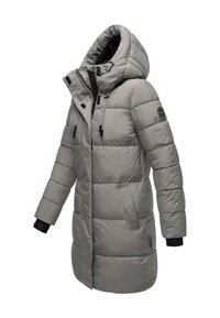Graue Daunenjacke mit hohem Kragen, großer Kapuze und schwarzen Akzenten. Verfügt über gesteppte Abschnitte, Seitentaschen und elastische Bündchen.