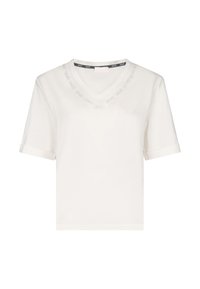 T-shirt blanc en coton avec un col en V et des manches courtes. Présente un logo brodé autour du col. Design simple et ample.