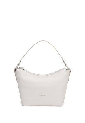 Weiße Lederhandtasche mit einem einzelnen Schulterriemen und einem oberen Reißverschluss, mit einer dezenten texturierten Oberfläche und minimalem Branding.